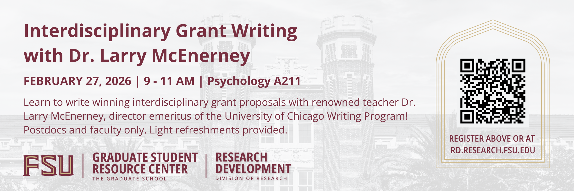 Banner for "Interdisciplinary Grant Writing with Dr. Larry McEnerney" workshop with date and brief description