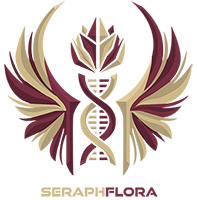 Seraphflora logo featuring symmetrical floral emblem with wing-like leaves in garnet and gold, a central DNA helix motif forms a stem and a lotus like bloom at the top. 
