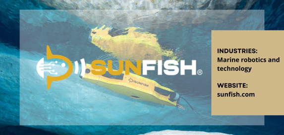 A yellow underwater robotic vehicle labeled ‘SUNFISH’ moves beneath the surface of blue water, with an overhead reflection visible. The Sunfish company logo appears prominently in the center, and a beige text box on the right reads: ‘INDUSTRIES: Marine robotics and technology. WEBSITE: sunfish.com.