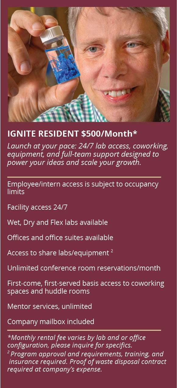 IGNITE Resident $500/month membership graphic featuring a lab setting with benefits including 24/7 facility access, wet/dry/flex labs, offices, shared equipment, unlimited conference rooms, unlimited mentoring, and included mailbox.