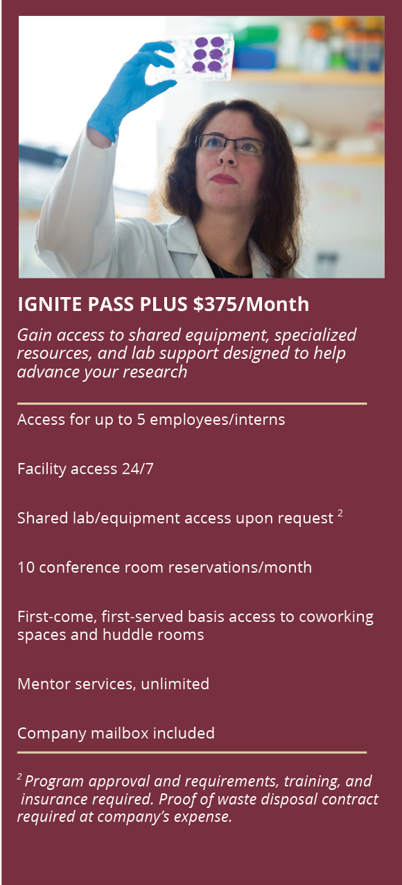 IGNITE Pass Plus $375/month membership graphic featuring a laboratory setting and benefits including 24/7 facility access, shared lab/equipment use, conference room reservations, unlimited mentor sessions, and included mailbox