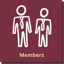 Garnet square with icon of two people and gold text: Members