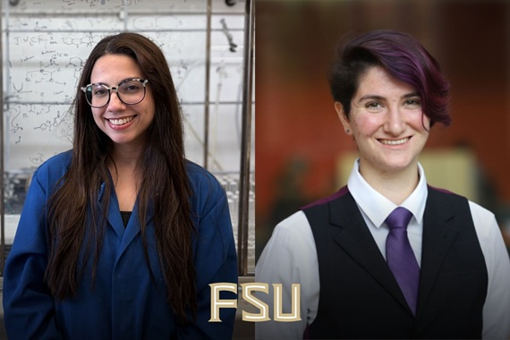 A split image featuring a woman in glasses and a blue lab coat in front of a white board with chemical structures on the left, and a person with short purple hair wearing a vest, tie, and collared shirt on the right, with "FSU" centered at the bottom.